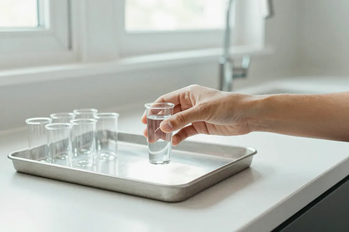 Water treatment technician testing tap water in a customer's kitchen