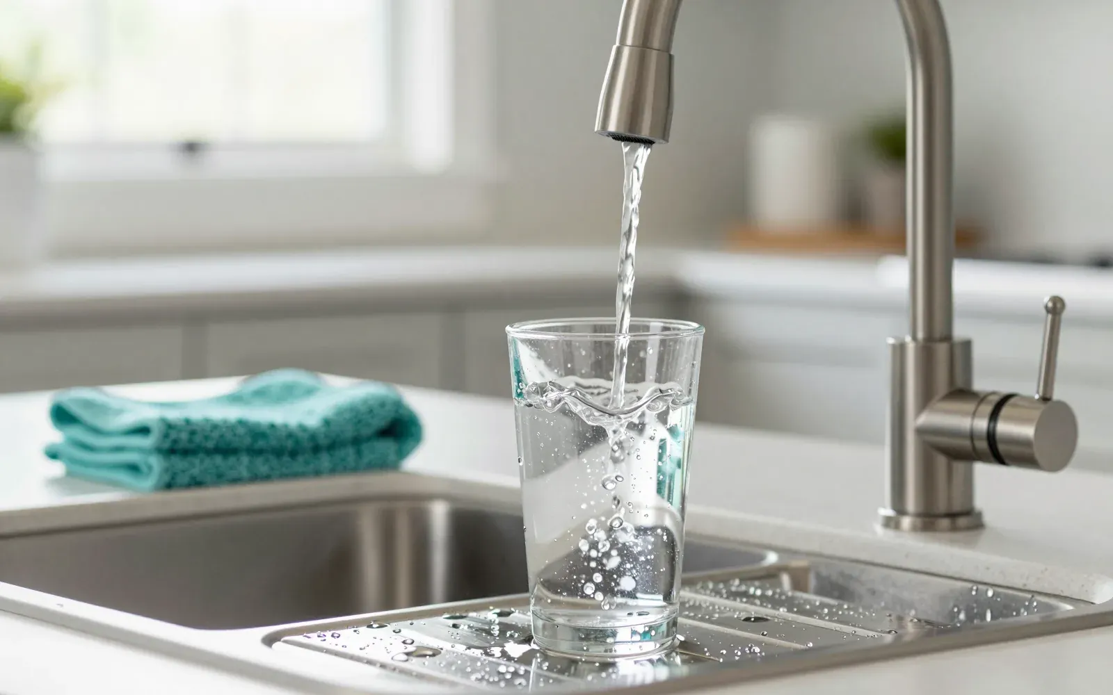 Clear water filling a glass at a kitchen sink in a Texas home